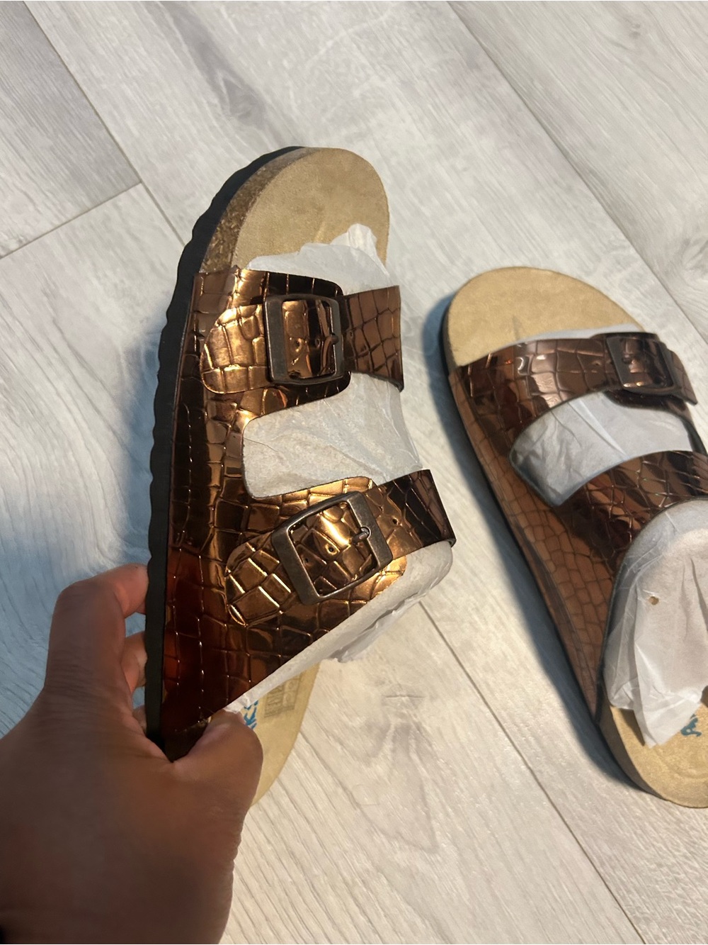 Metallic Bronze Two-Buckle Slide Sandals